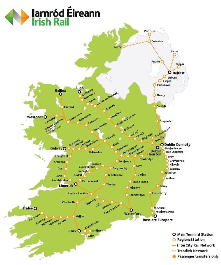 ਰੇਲ ਯਾਤਰਾ ireland ਵਿੱਚ ਨਕਸ਼ਾ