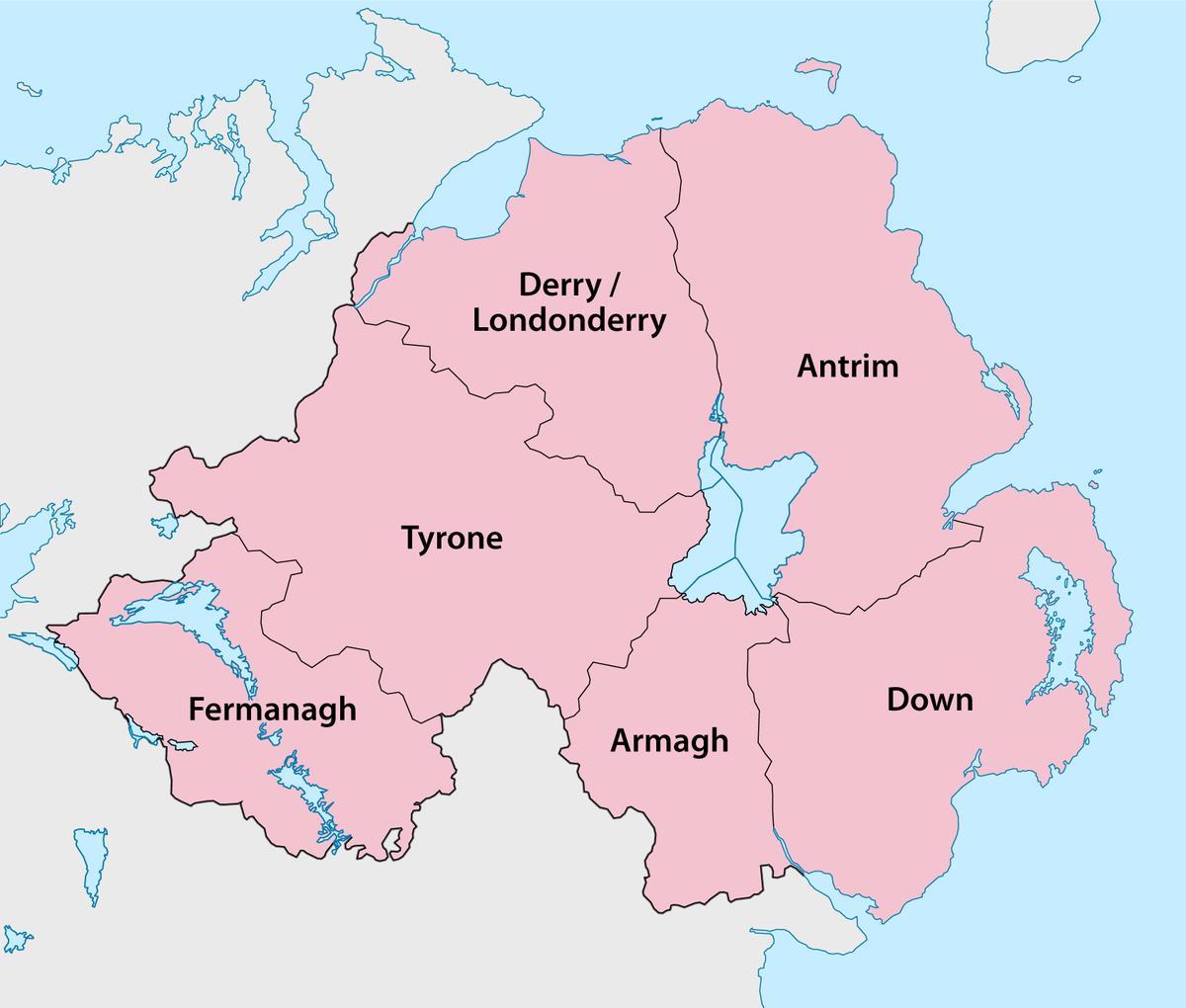 ਨਕਸ਼ਾ ਦੇ northern ireland counties ਅਤੇ ਕਸਬੇ ਨੂੰ